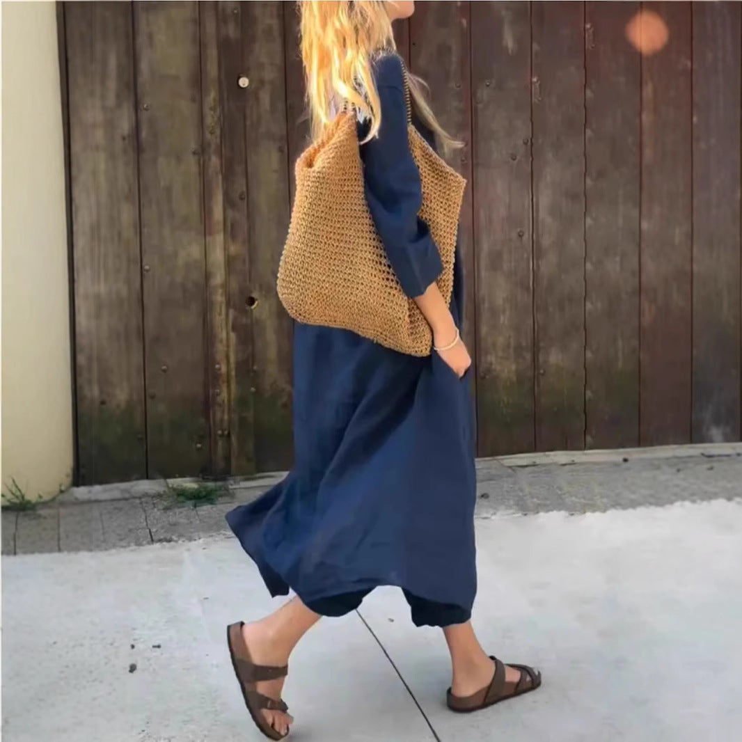 Loose V-Neck Long Top & High-Waist Wide-Leg Pants Set – Women's Long-Sleeved Suit with Pockets