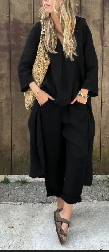 Loose V-Neck Long Top & High-Waist Wide-Leg Pants Set – Women's Long-Sleeved Suit with Pockets