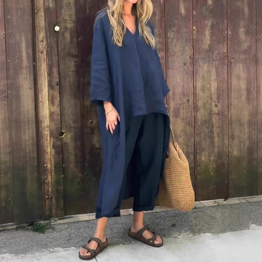 Loose V-Neck Long Top & High-Waist Wide-Leg Pants Set – Women's Long-Sleeved Suit with Pockets