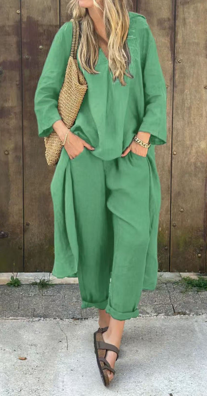 Loose V-Neck Long Top & High-Waist Wide-Leg Pants Set – Women's Long-Sleeved Suit with Pockets