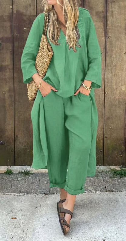 Loose V-Neck Long Top & High-Waist Wide-Leg Pants Set – Women's Long-Sleeved Suit with Pockets