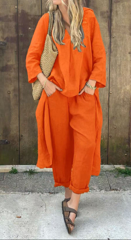 Loose V-Neck Long Top & High-Waist Wide-Leg Pants Set – Women's Long-Sleeved Suit with Pockets