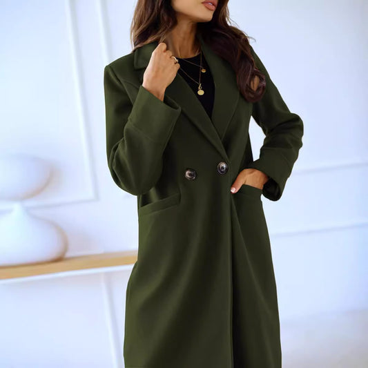 Elegant Double-Breasted Woolen Coat with Lapel