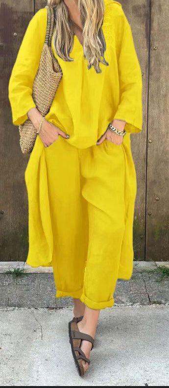 Loose V-Neck Long Top & High-Waist Wide-Leg Pants Set – Women's Long-Sleeved Suit with Pockets