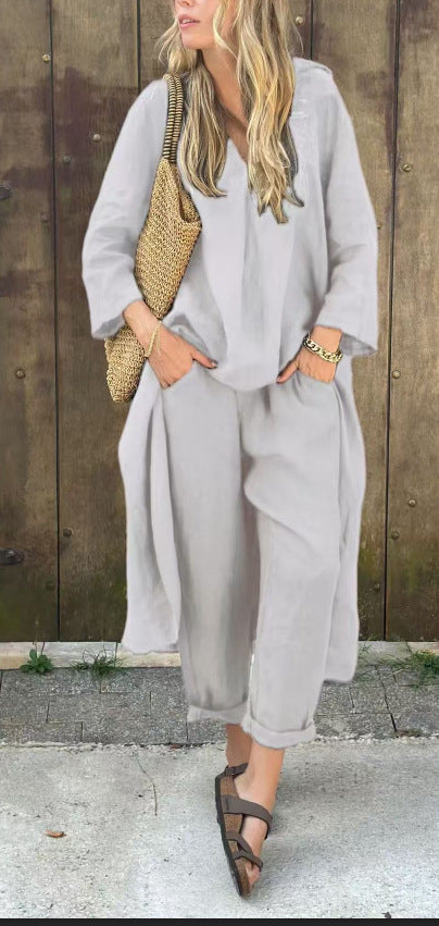 Loose V-Neck Long Top & High-Waist Wide-Leg Pants Set – Women's Long-Sleeved Suit with Pockets