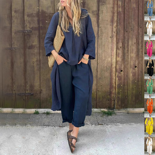 Loose V-Neck Long Top & High-Waist Wide-Leg Pants Set – Women's Long-Sleeved Suit with Pockets