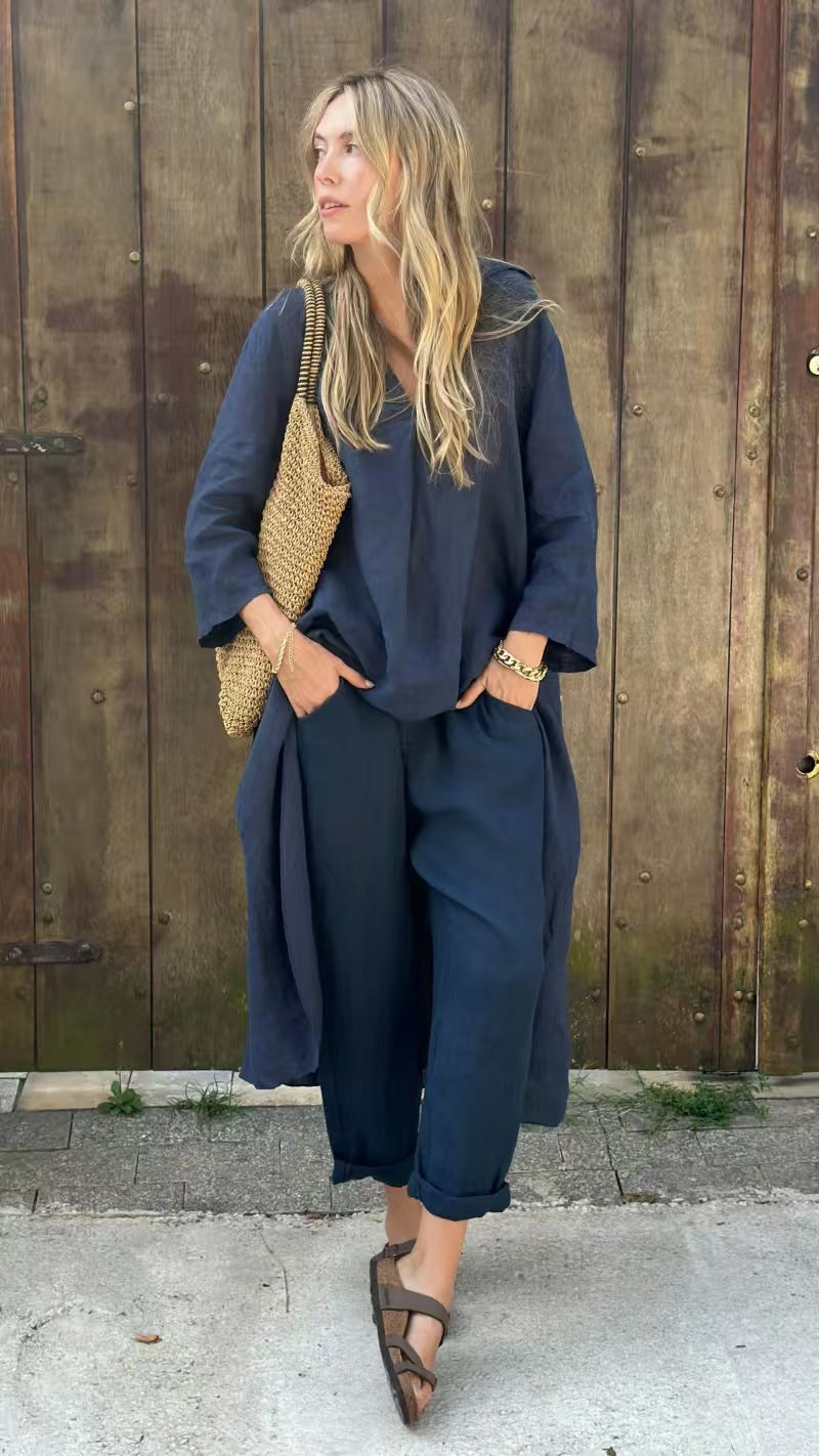 Loose V-Neck Long Top & High-Waist Wide-Leg Pants Set – Women's Long-Sleeved Suit with Pockets