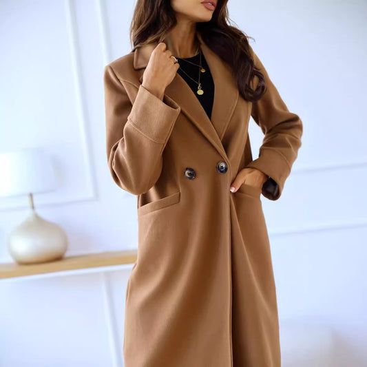 Elegant Double-Breasted Woolen Coat with Lapel
