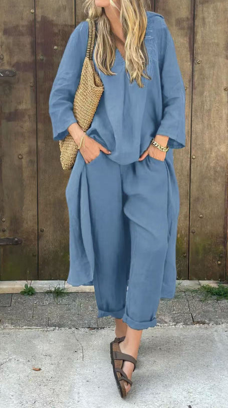 Loose V-Neck Long Top & High-Waist Wide-Leg Pants Set – Women's Long-Sleeved Suit with Pockets