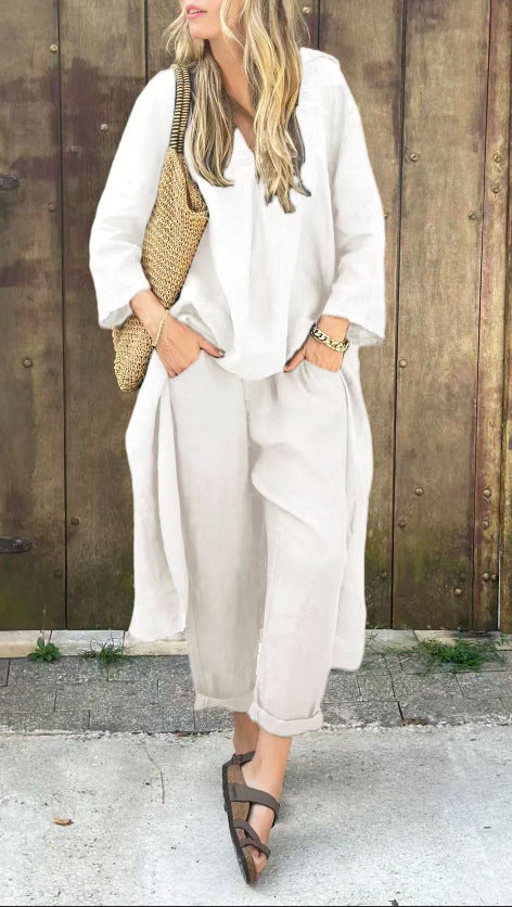 Loose V-Neck Long Top & High-Waist Wide-Leg Pants Set – Women's Long-Sleeved Suit with Pockets