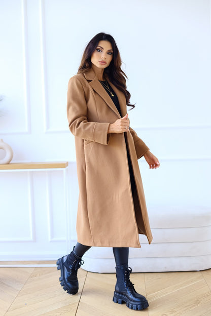 Elegant Double-Breasted Woolen Coat with Lapel