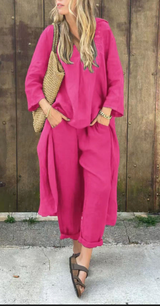 Loose V-Neck Long Top & High-Waist Wide-Leg Pants Set – Women's Long-Sleeved Suit with Pockets