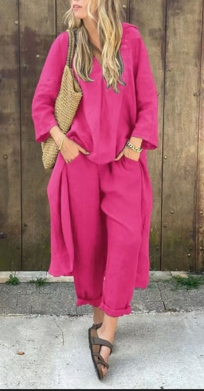 Loose V-Neck Long Top & High-Waist Wide-Leg Pants Set – Women's Long-Sleeved Suit with Pockets