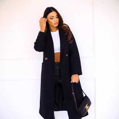 Elegant Double-Breasted Woolen Coat with Lapel